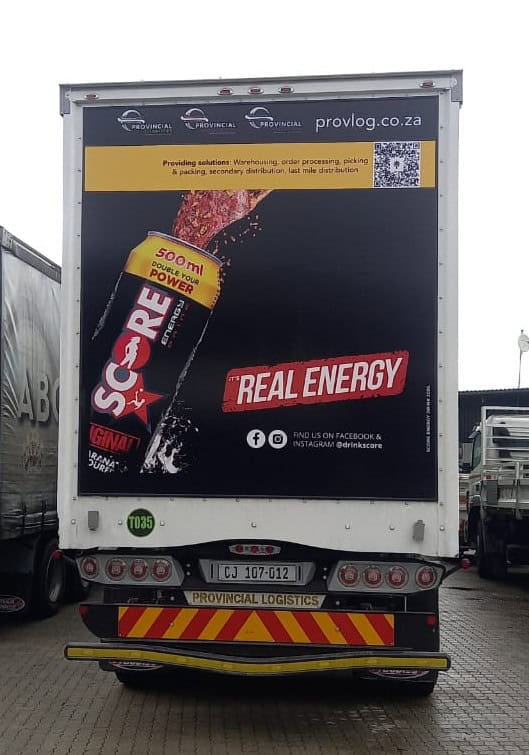Energy drink delivery truck with Provincial Logistics branding, emphasizing logistics and distributi.